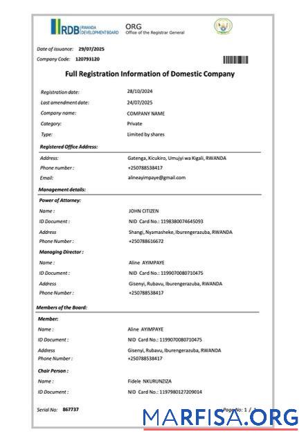 Blank Rwanda full registration information of domestic company Word and PDF template